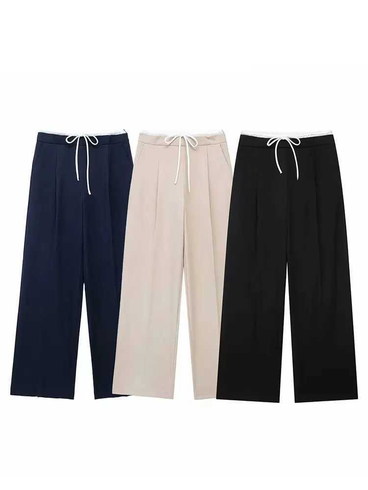 HH 2025 Women Fashion Vintage Solid Straight Pants Side Zipper Drawstring Casual Trousers Spring New Female Wide Leg PantsT251022