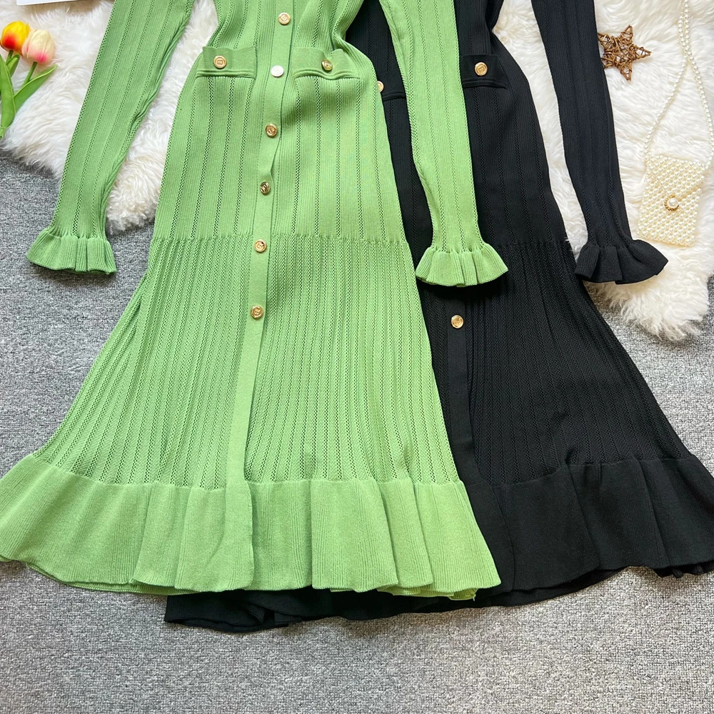 YuooMuoo Woman Dresses Autumn Winter Vintage Patchwork Knitted Midi Dress Elegant Vneck Lady Ruffled Shirt Sweater Dress 251020