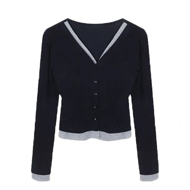 Womens Clothing Fashion Allmatch Two Pieces Tshirt Spring Solid Patchwork Long Sleeve Tops Office Lady Knit Tunic 251020