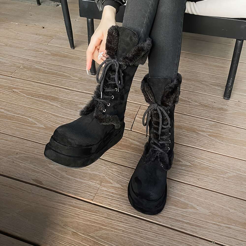 Faux Fur Suede Women's Snow Wedges High Heeled Platform Winter Warm Plush Shoeslace Sweet Cute Furry Fluffy Mid Calf Boots For Woman Shoes