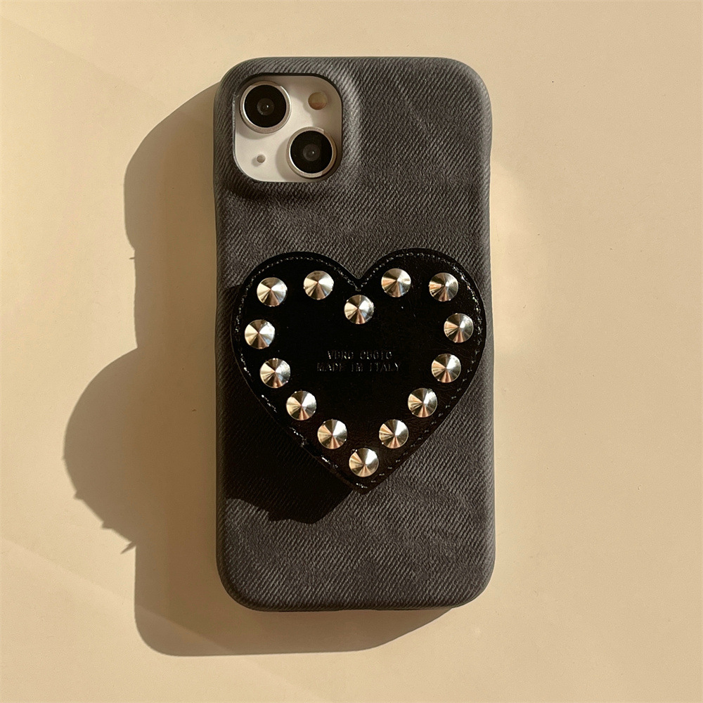 Cute Compatible with iPhone 17 Pro Max Case, Denim Leather Texture Rivet Heart Stand Phone Case Protection Soft Cases for Women Girls