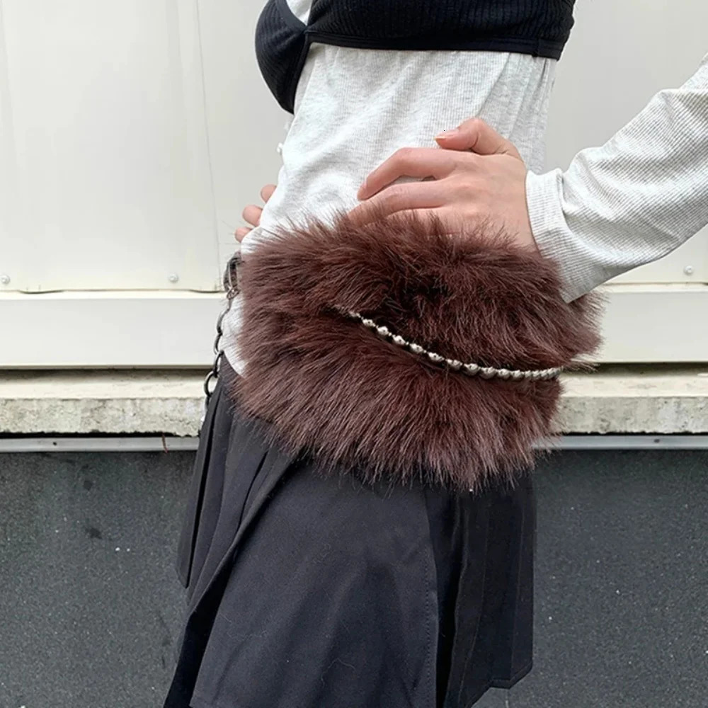 Y2K Vintage Faux Fur Belts Metal Bead Chain Plush Waist Chain Furry Fur Sexy Cowgirl Waistband Punk Belt Jeans for Night Club 251013