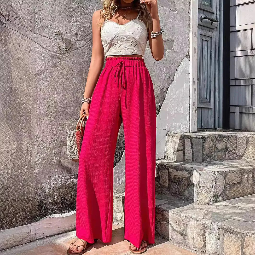 Women High Elastic Waist Wide Leg Pants Summer Casual Female Sand Beachwear Full Loose Trousers YLX333 251022