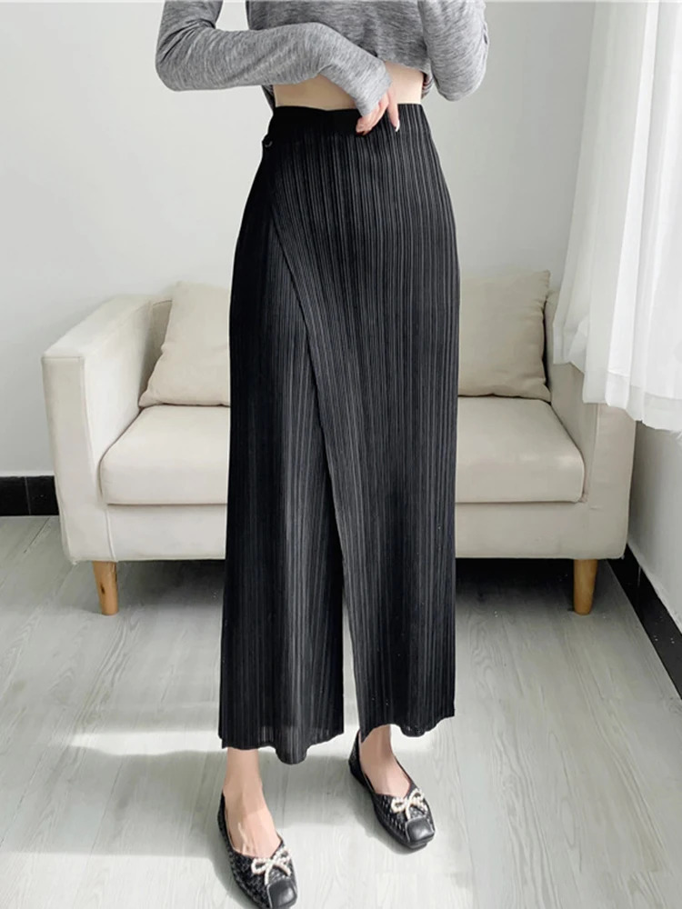 ALSEY Miyake Pleated Wide Leg Anklelength Pants for Women Autumn Simple Elastic Waist Solid Color Straight Female Trsouser 251022