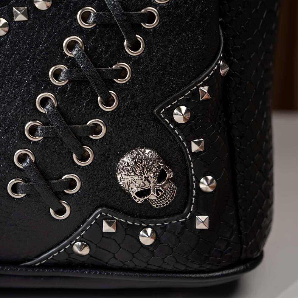 Women's Punk Set Large Synthetic Biker Bag Detachable Strap, Zippered Compartments, Skull & Spiked Design High Quality Soft Shell With Wallet Att