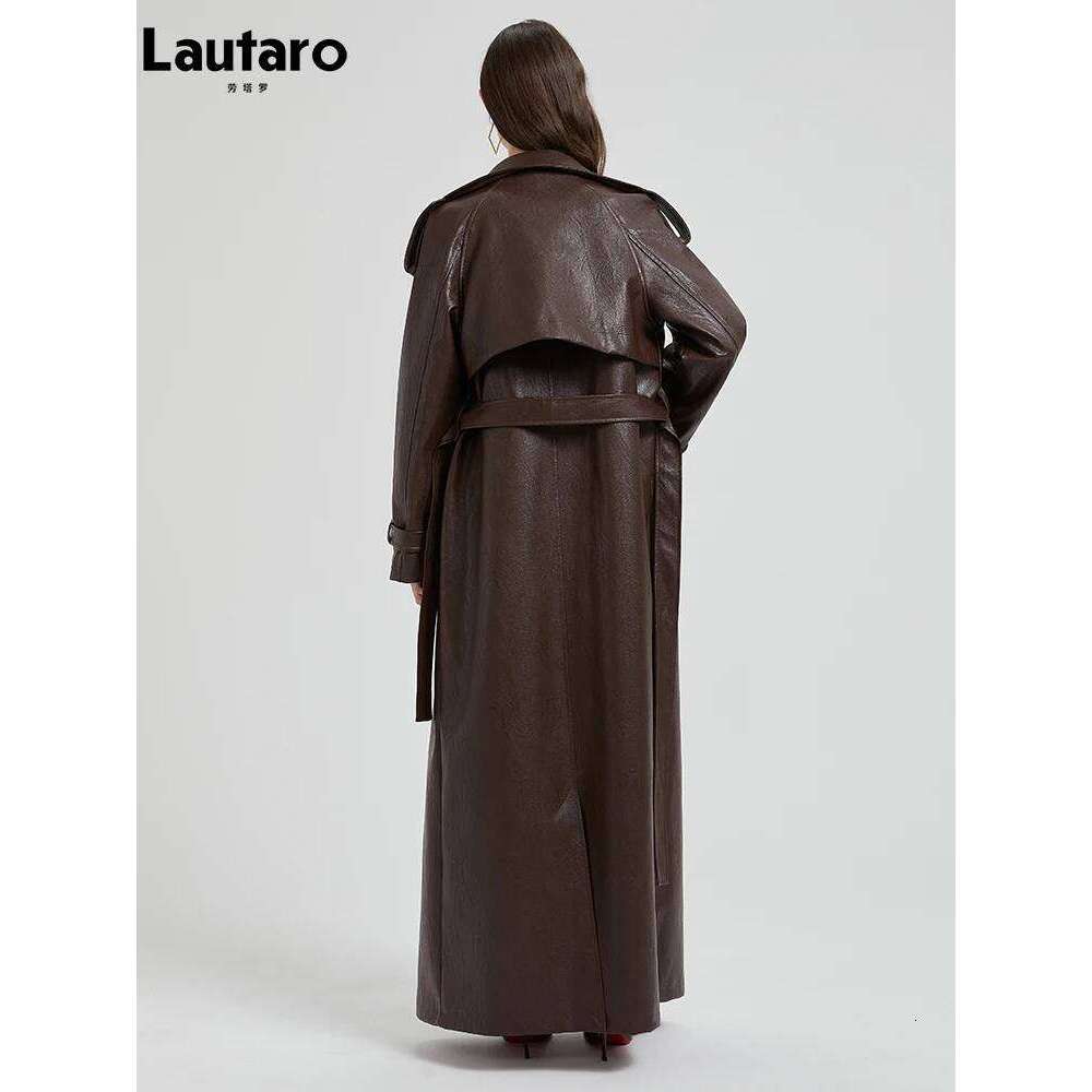 Lautaro Spring Autumn Extra Long Brown Pu Leather Trench Coat for Women Sashes Chic Overcoat Runway European Fashion 2024