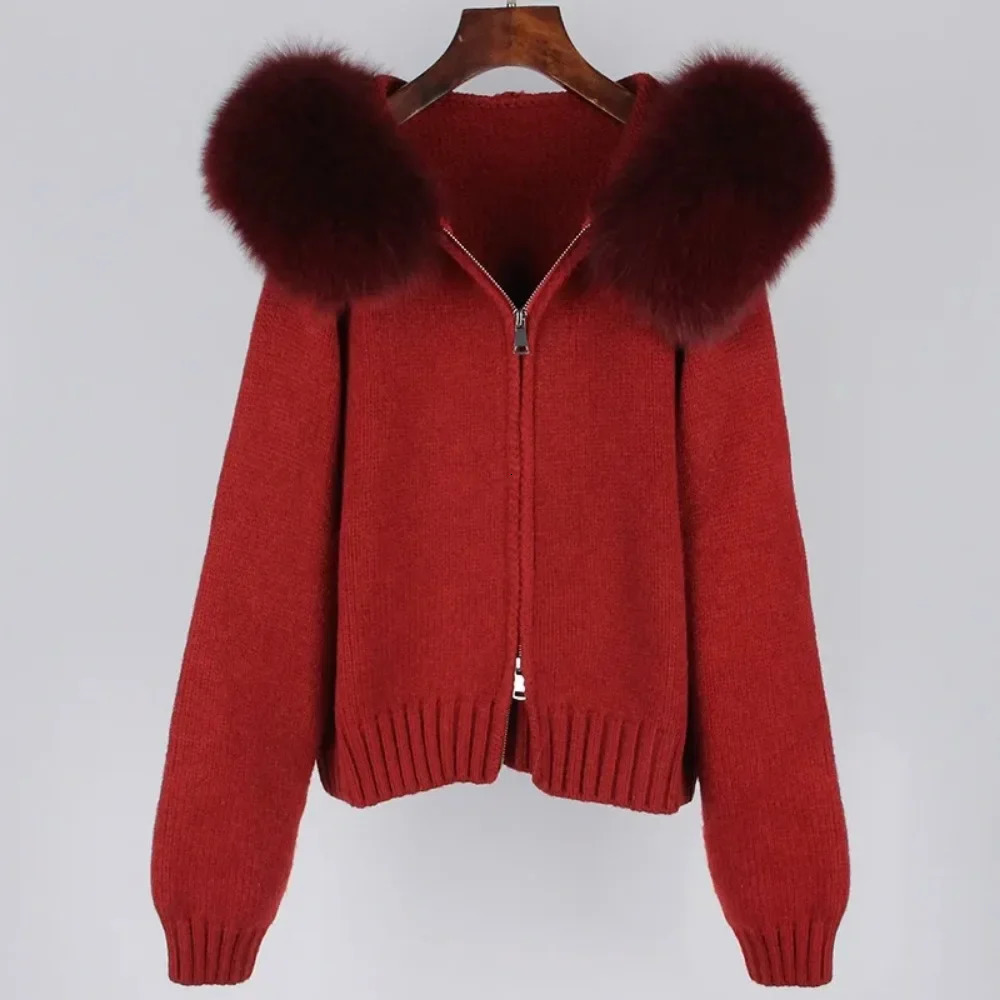 Fashion Autumn Winter Casual Hooded Fox Fur Collar Fashion Short Knitted Jacket with Natural Fur Coat for Women 251016
