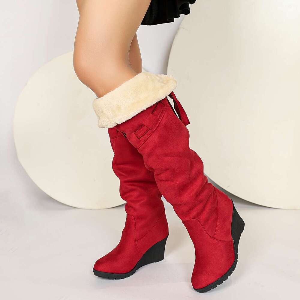 Women's Winter Slip-On High-Heel Knee-High With Fleece Lining Thick Rubber Sole - Sexy Western Style Round Toe Boots In Black Red, Hand Washable 