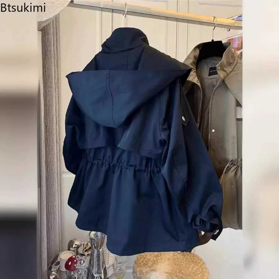 Autumn Women Elegant Oversized Hooded Trench Coat Pocket Long Sleeve Zipper Drawstring Tie Loose Leisure Wind Breaker Jacket Y251105