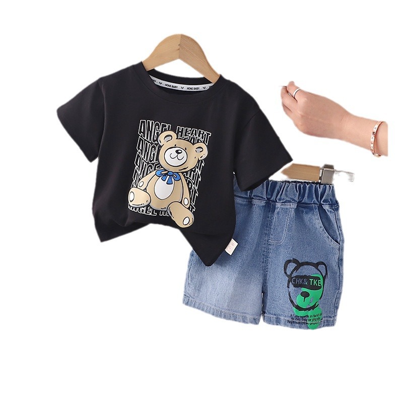 2025 New Boys Bear Print Set, Summer Short Sleeve 2-Piece Outfit, Cute Casual Wear for Toddler