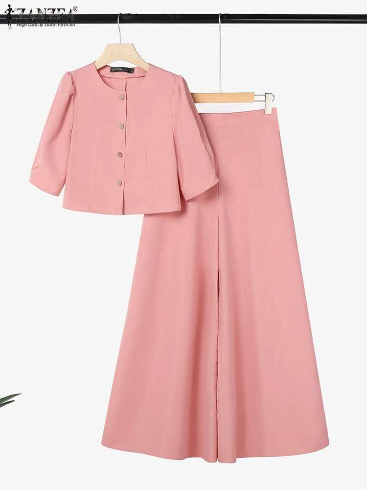 ZANZEA Street Fashion Woman 2 Piece Sets Stylish Short Puff Sleeve Crop Tops Wide Leg Pants 2PCS Outfit Elegant Office Pant SetsT251022