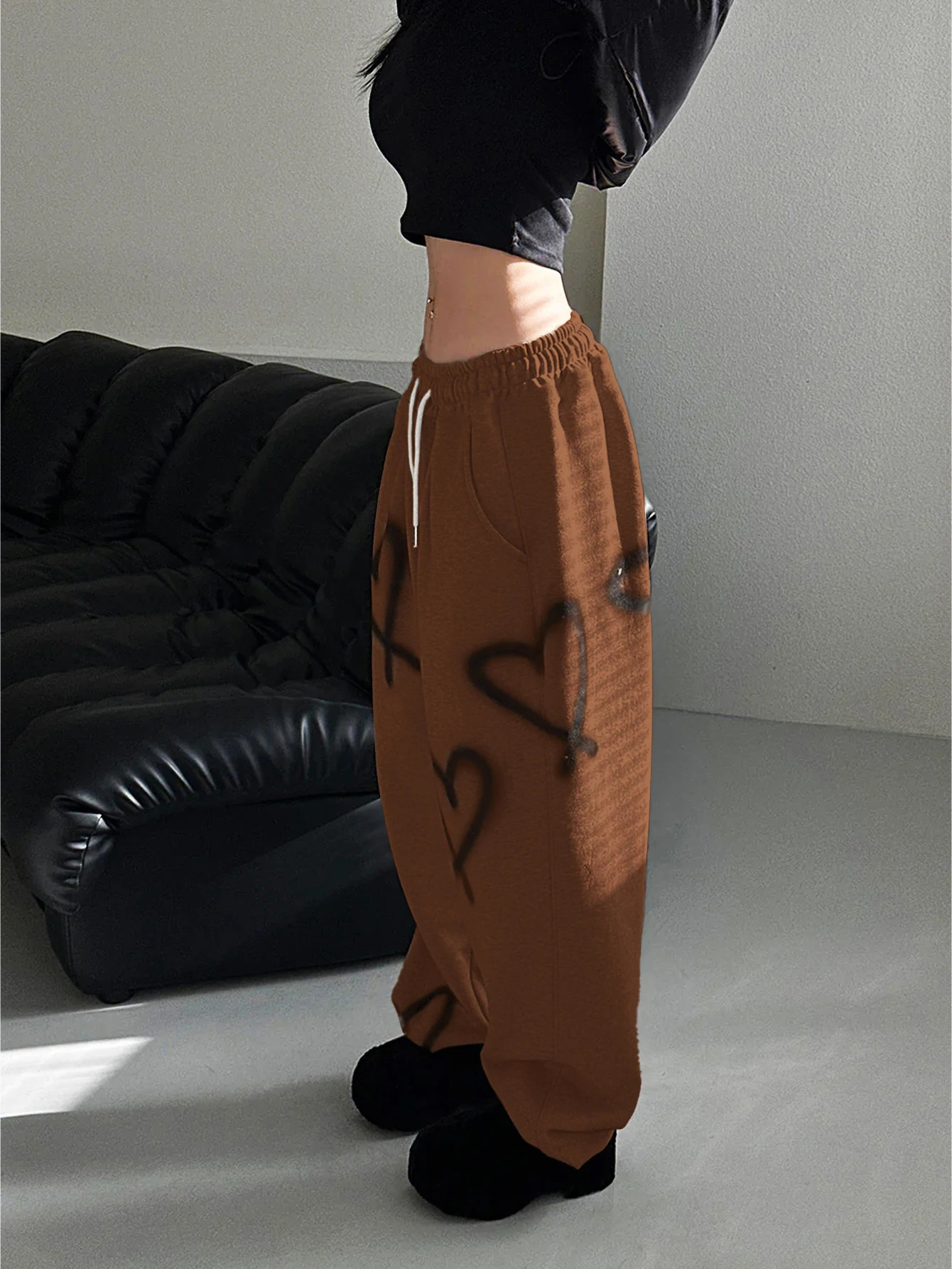 Womens Random Heart Print Drawstring Waist Sweatpants Y2k Pants Wide Leg 251017