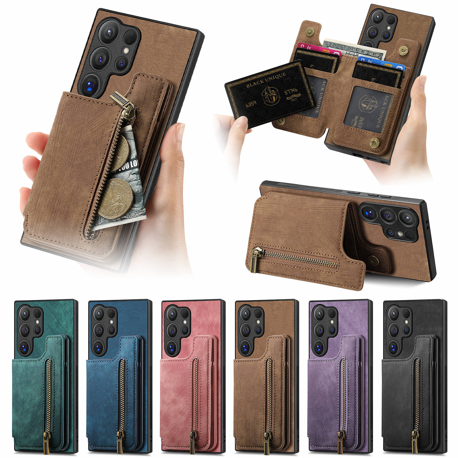 Full Leather Case with Zipper Card Slot for Galaxy A17 A56 S25 Ultra S24 S23 S22 S21 FE A55 A35 A73 A53 Note 20 Protection