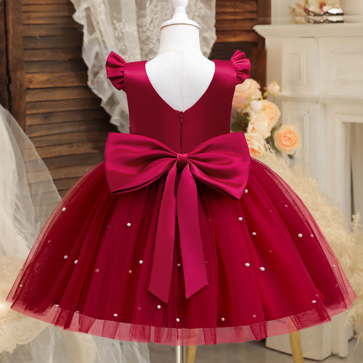 Toddler Girl Red Christmas Princess Dress Cute Girl Birthday Party Prom Gown 38 Years Kids Backless Bow Beading Xmas Costume 251021