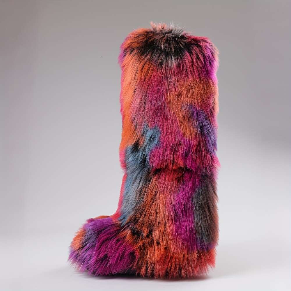 Women's Fluffy Faux Fur Knee-High With Plush Slip-Resistant Rubber Sole, Round Toe Arch Support, Warm Cozy Snow Boots For Casual & Formal Outfits
