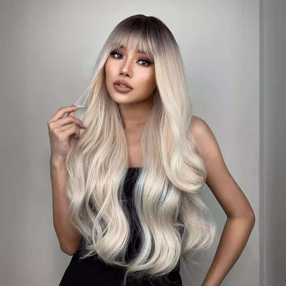 Women's Hair Bangs Long Curly Gradient White Gold New Hine-Made Synthetic Wig