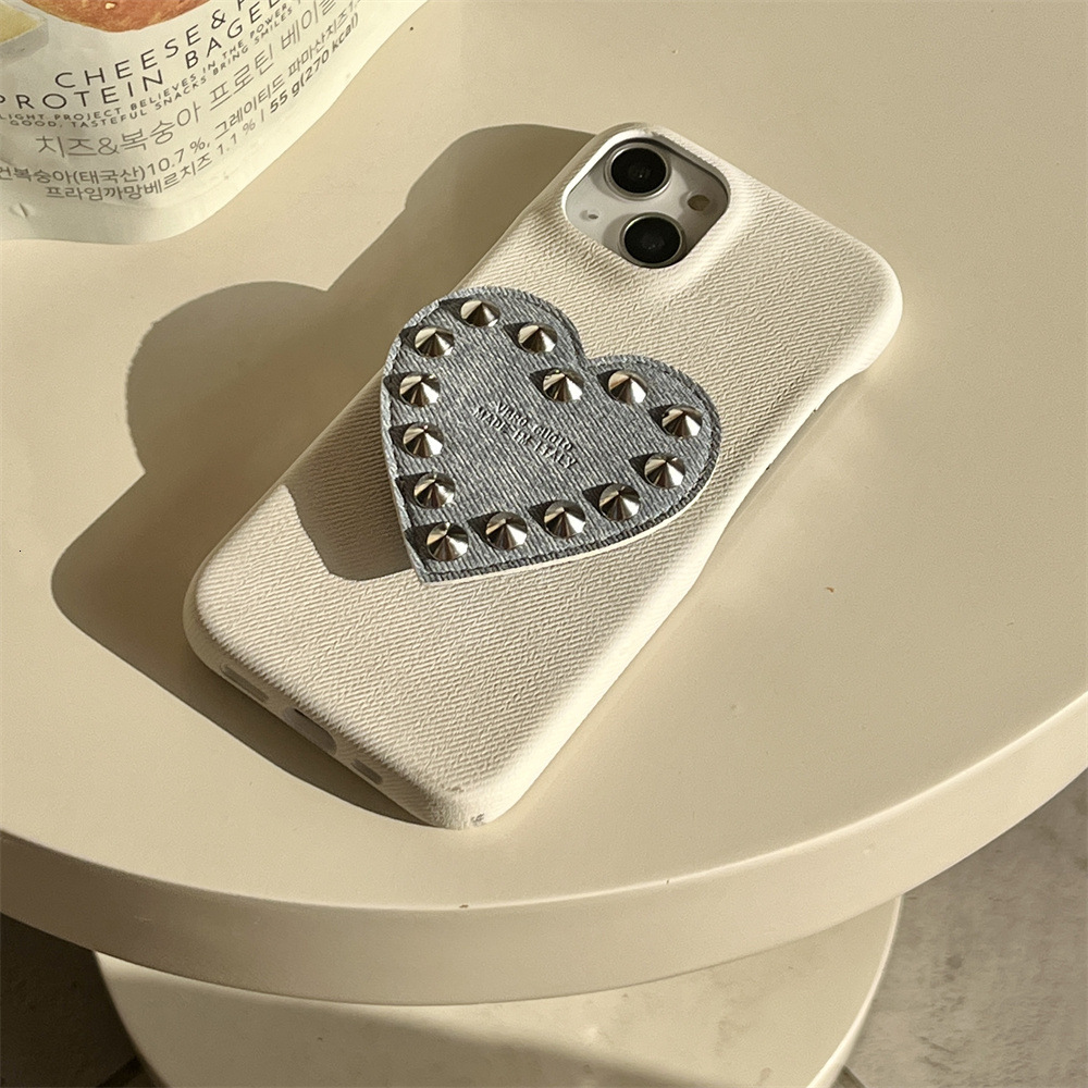 Cute Compatible with iPhone 17 Pro Max Case, Denim Leather Texture Rivet Heart Stand Phone Case Protection Soft Cases for Women Girls