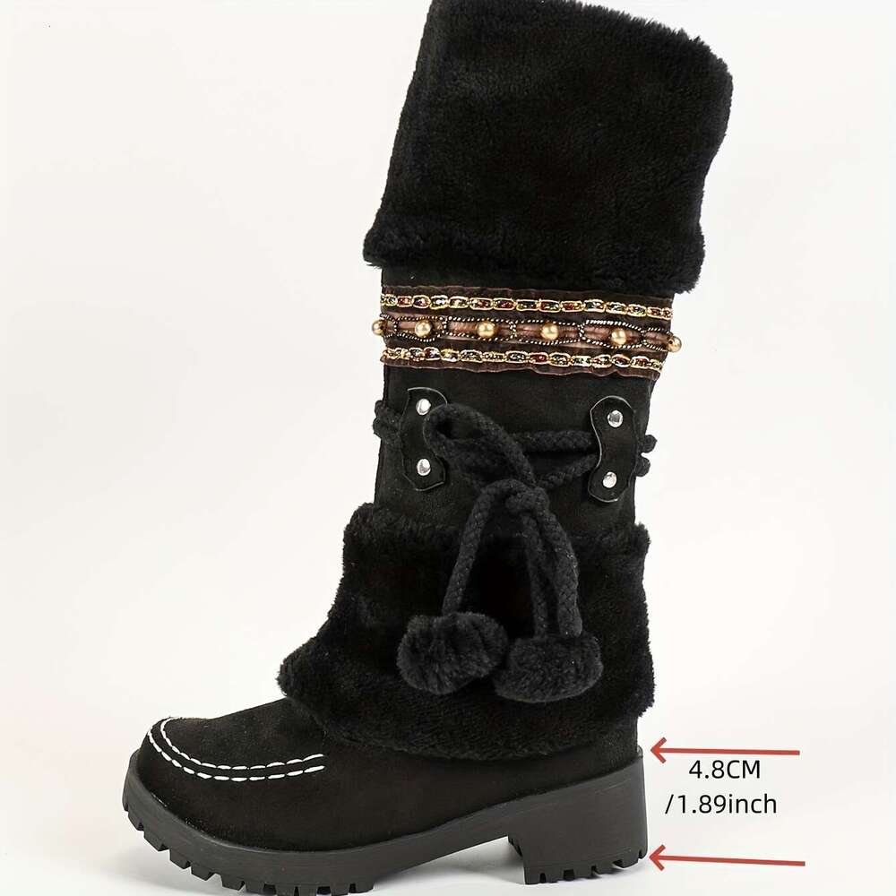 Women's Retro Bohemian With Beaded Ball Accents & Bow Detail Slip-On Thick Rubber Sole Mid-Heel Faux Fur-Lined Warm For Casual Outings, Dates, Sh