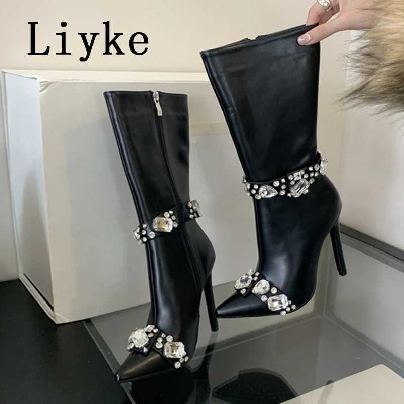 L ike Fashion Crystal Gem Rivet Women Autumn Winter Shoes Zip Ankle Chelsea Boots Sexy Pointed Toe Party Stripper Heels Booties Z251020