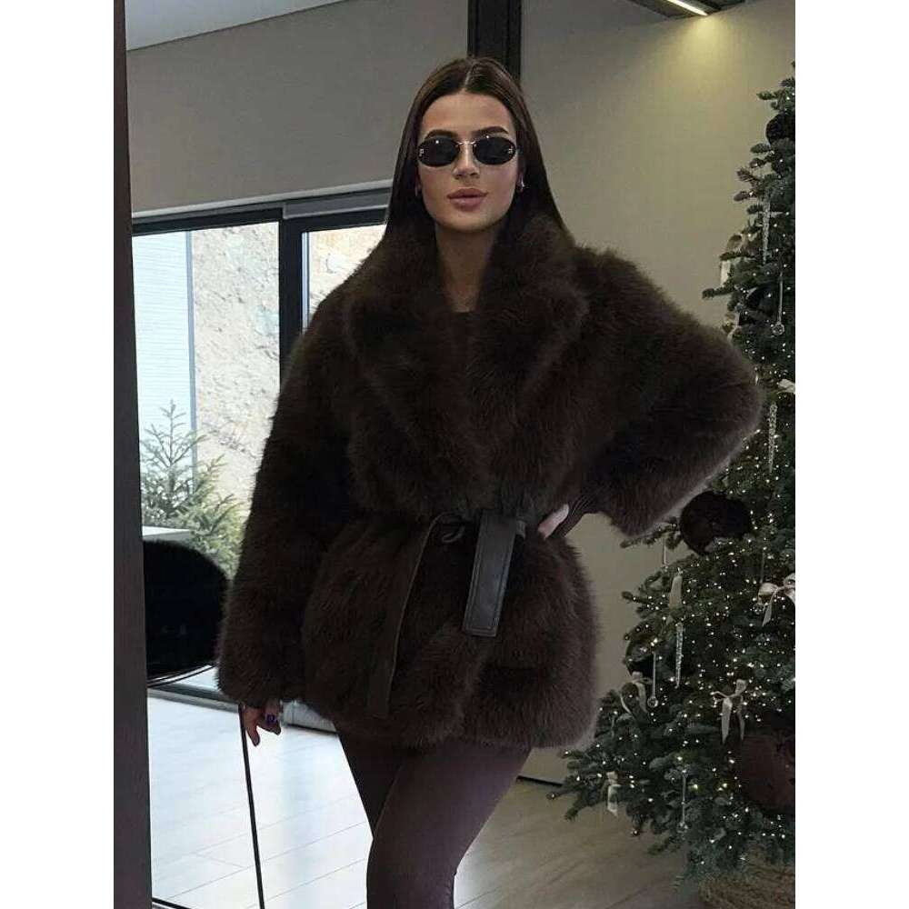 Fashion Women's Lapel Faux Fur Coat with Belt 2025 Winter Long Sleeve Female Thicken Warm Jackets Casual Lady Outerwear Street