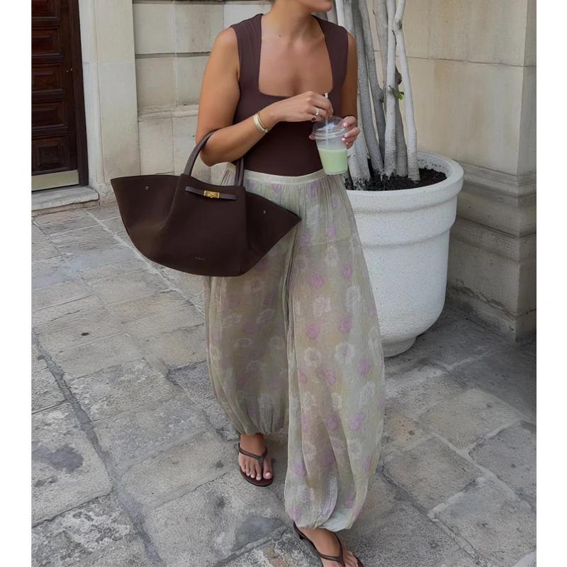 MUJER 2025 Floral Baggy Pants Woman Bloomer Pleated Pants for Women Semi Sheer Loose Pants Woman Mid Waist Summer Woman Trousers 251022