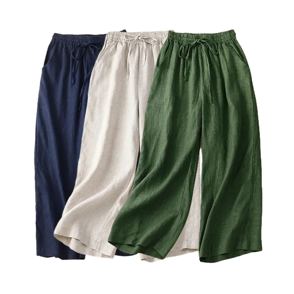 Cotton LinenCasual Solid Lace Up Elastic High Waist Loose Wide Leg Womens Pants AnkleLength Pants For Women Clothing Fashion 251022