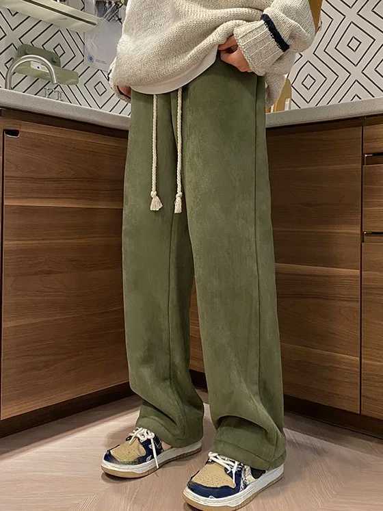 Womens Suede Thickened Straight Leg Pants Korean Style Wide Leg Autumn Winter New Student Fashion Casual TrousersT251022