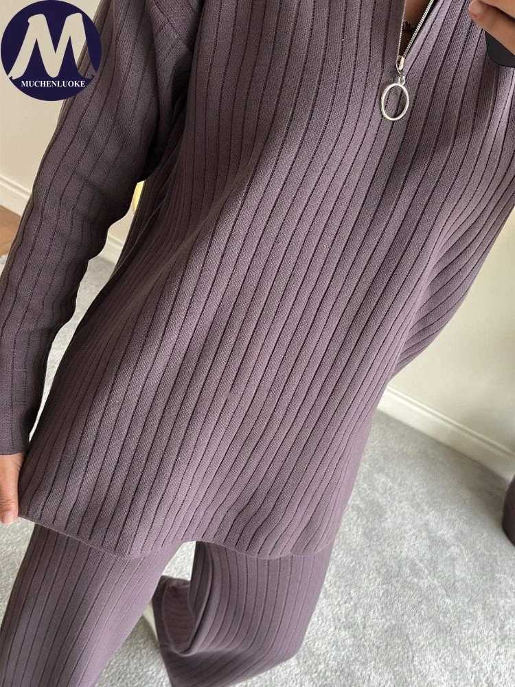 2 Pieces Set for Woman Autumn Winter Elegant Long Sleeved Zipper Knitted Sweater Tops Suits Fashionable Casual Loose Pant SetsT251022
