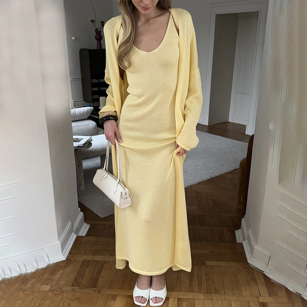 Tuularose Women Long Dress 2 Piece Solid Knitted Spaghetti Strap Dress Long Sleeve Cardigan Set Casual Fashion Female Dress Set 251020