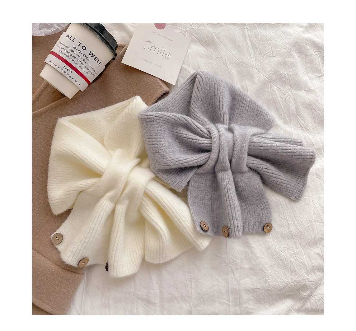 Autumn and Winter Cross Knitted Scarf Short Womens Scarf Korean Edition Color blocked Scarf Winter Warm Button Neck Cover J251022