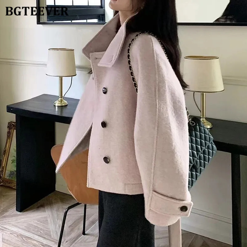BGTEEVER Elegant Thicken Warm Stand Collar Female Woolen Coats Long Sleeve Singlebreasted Laceup Women Blend Jackets 251021
