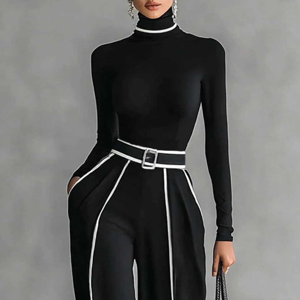 2025 New Elegant Stand Collar Contrasting Color Edging Waisthugging Slim Long Sleeve Knitted Wideleg Pants Twopiece Set RopaT251022