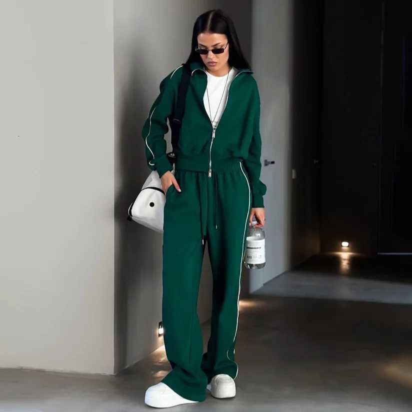 Pants Suit Women 2 Piece Sets Sweatshirt Coat Striped Trousers Sporty Outfits Lace Up Tracksuit Jackets Ensemble Autumn 2025T251022