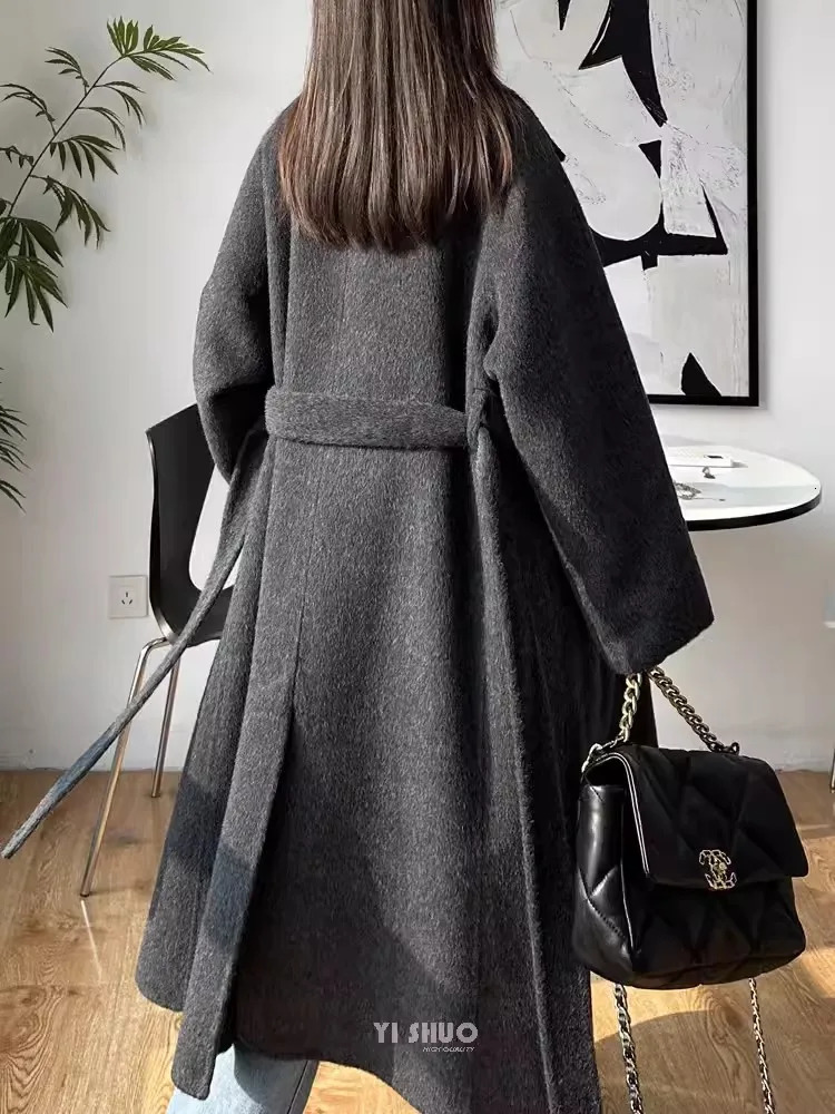 Korean Fashion Dark Gray Stand Collar 100Wool Coat Women Long Winter Jacket 251021