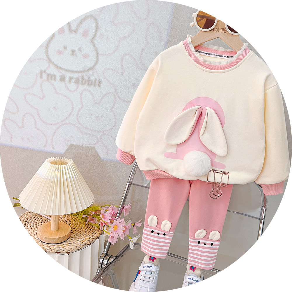 luxury kids clothing White Rabbit Hoodie Set for Girls, 2025 New Spring Autumn Outfit, Korean Style Cute 2-Piece Tracksuit for Toddler