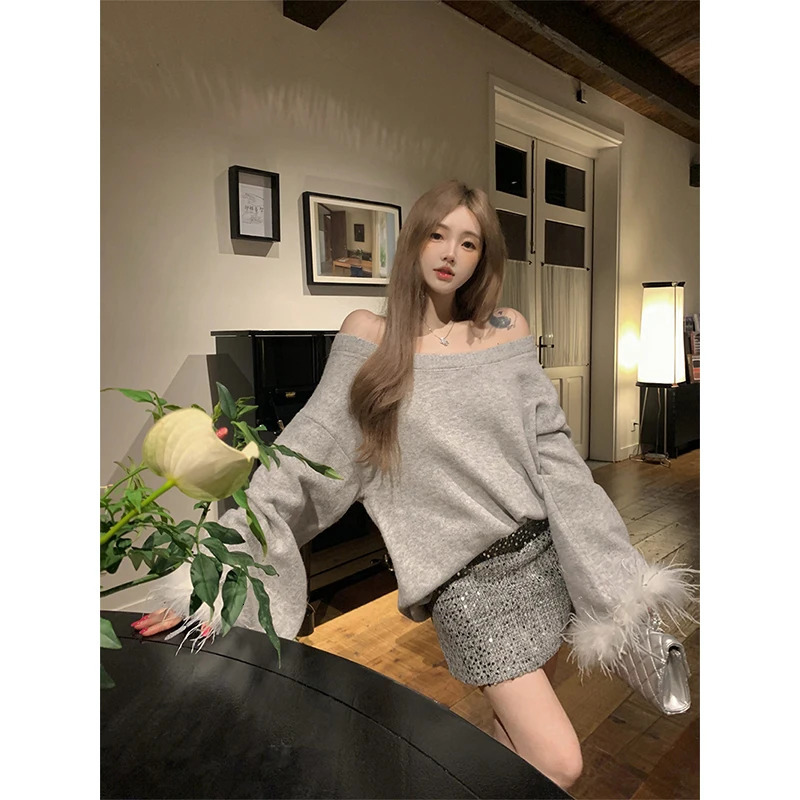 Elegant Slash Neck Sweater Women Fashion Faux Fur Patchwork Knitted Pullovers Korean Oversized Knitwears Winter Jumpers 251016