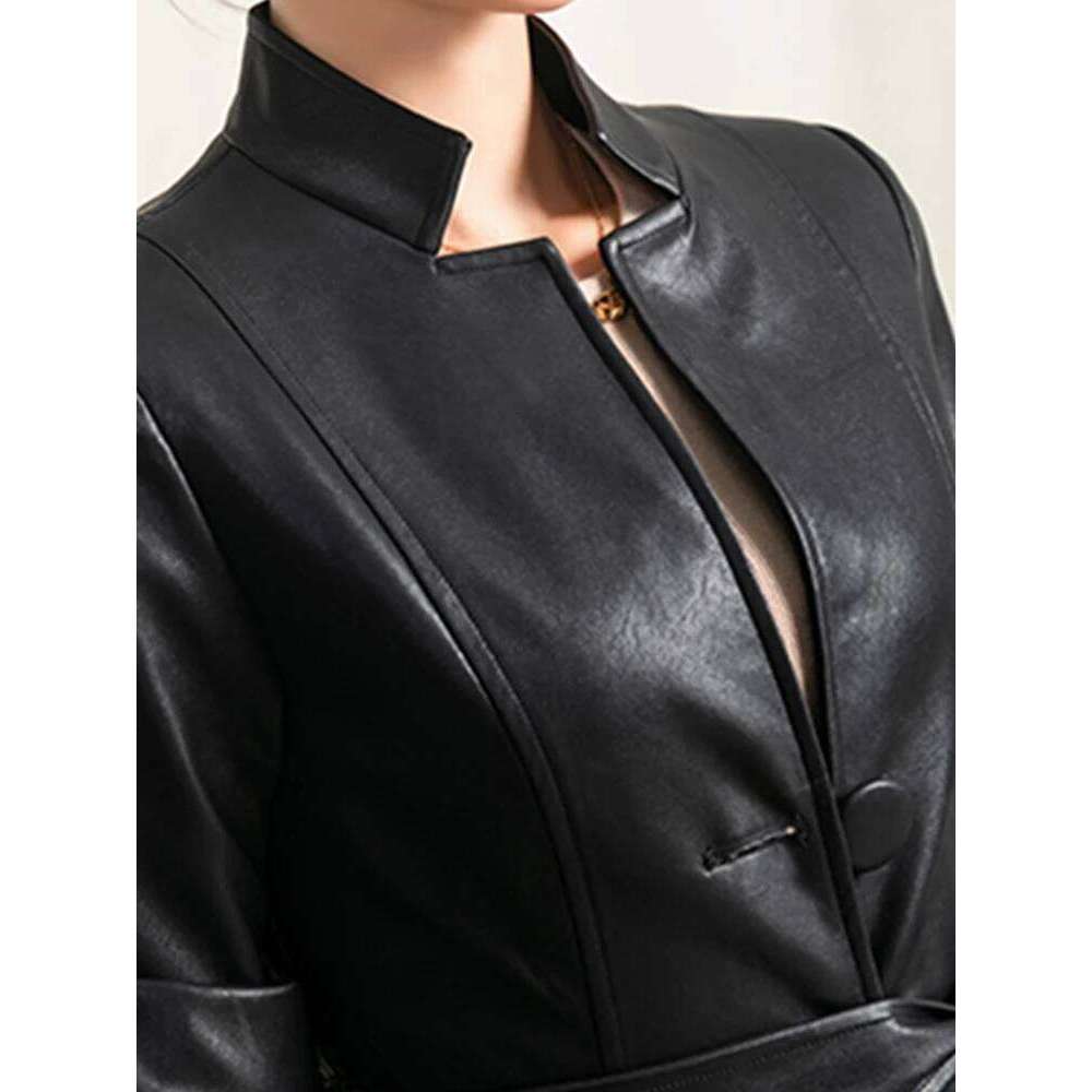 Lautaro Spring Autumn Black Soft Waterproof Faux Leather Coat Women Belt Long Sleeve Single Breasted Fashion 2022