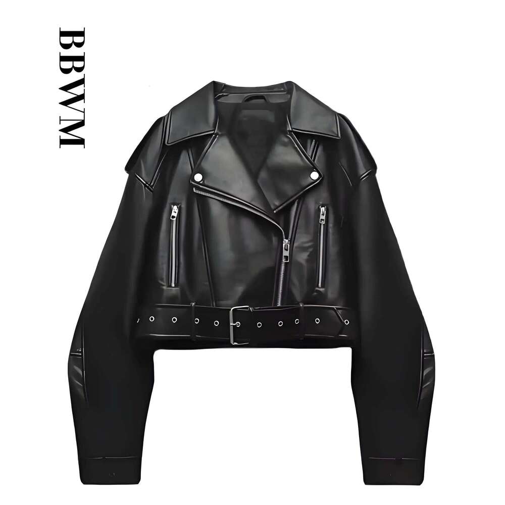 Women Vintage Loose Washed Faux Leather Short Jacket Streetwear Female Zipper Belt Moto Biker Retro Coat Outwear Tops