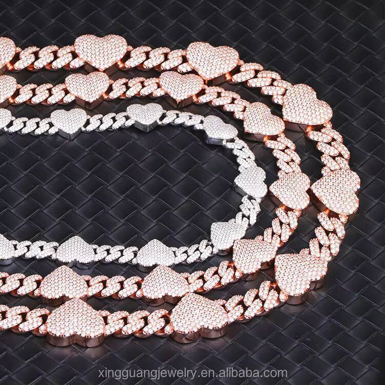 Yy Hot Sale Iced Out Heart Shape Design VVS Moissanite Cuban Lidynamic Chain Necklace 925 Silver Rapper Hip Hop Jewelry