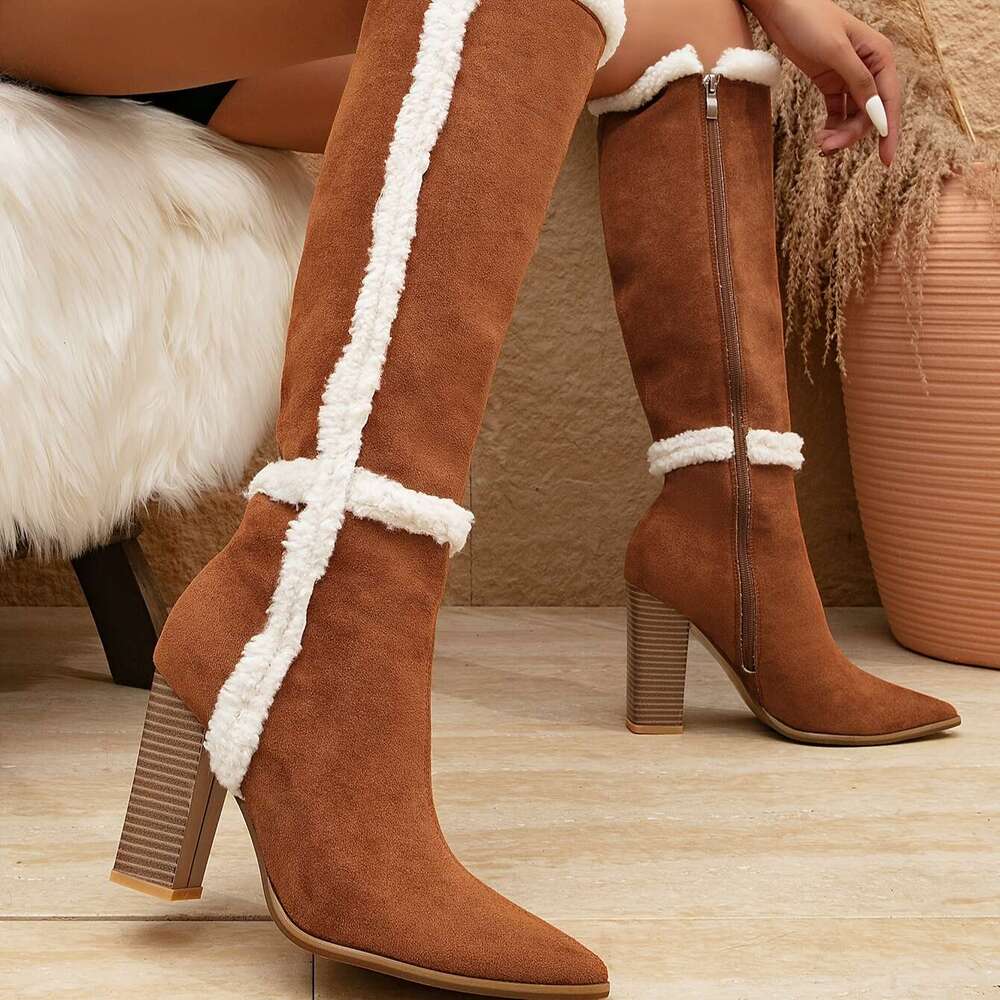 Women's Block Heeled Knee High Fashion Point Toe Plush Lined Boots, Comfortable Side Zipper Boots