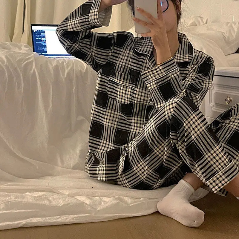 Plaid Christmas Pajamas Women Korean Sleepwear Autumn Pijamas Cute Clothes Pyjamas 2 Piece Pants Sets Loungewear Pj Suit 251020