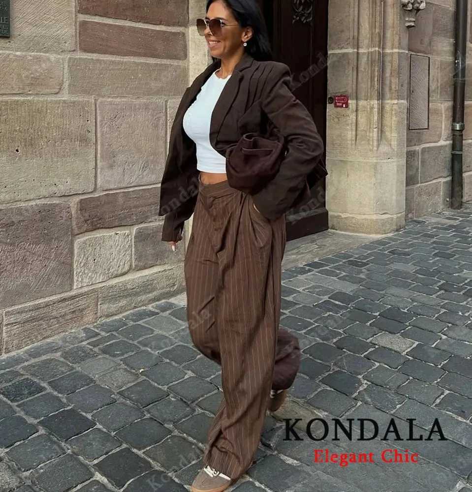 KONDALA Women Elegant Striped Blazer Suit Slim Button Blazer or Wideleg Pants 2025 Spring Fall Fashion Mujer Commute Pants SetT251022