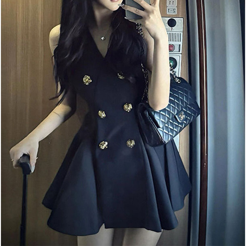 Women Elegant Sexy Deep Vneck Slim Dress Black White Button Mini Short Dresses Satin Evening Dress Summer Pleated Skirt250905