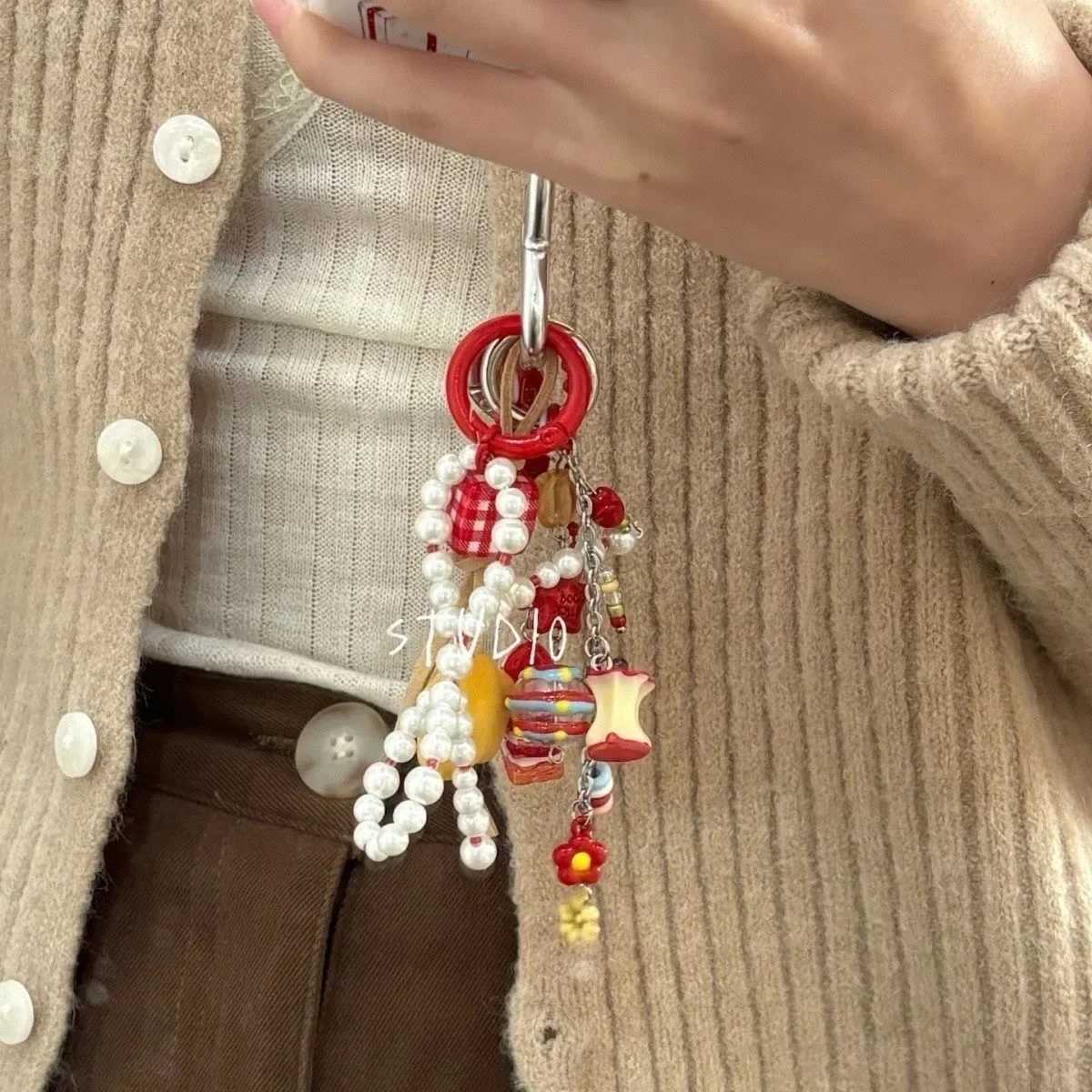 new product sweet red cherry Key Chain pearl Backpack pendant J251121