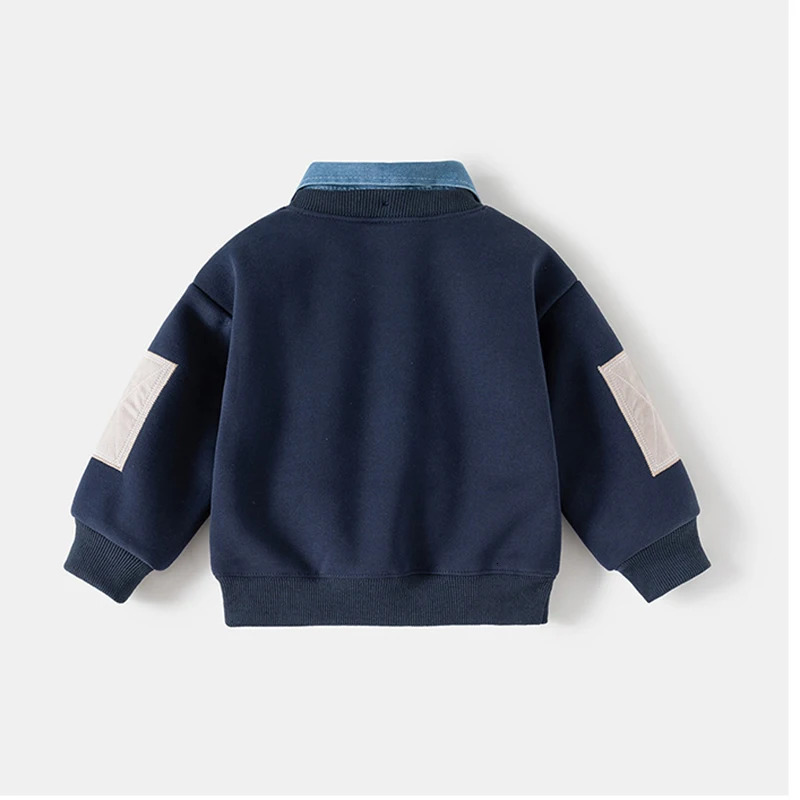 Autumn Winter Ghildren Clothings Boys Layered Fleece Sweatshirt Denim Collar Patch Pocket Warm Pullover Kids Casual Top 251021