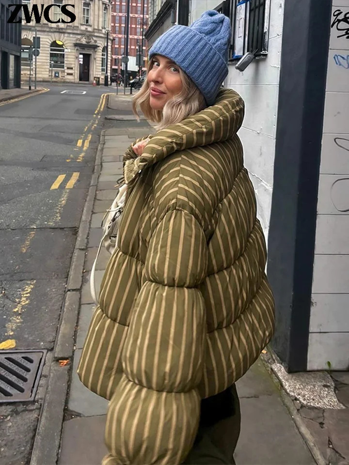 Loose Striped Cotton Padded Coat Womens Winter Zipper Lantern Sleeve Laceup Turn Down Collar Jacket Lady Warm Outwear 251017