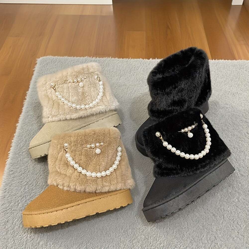 Women's Slip-Resistant Snow Fur-Like Faux Fur Trim Round Toe Moccasin-Style Ankle Buckle Strap Button Detailing, Soft Fabric Arch, Multi-Color Op