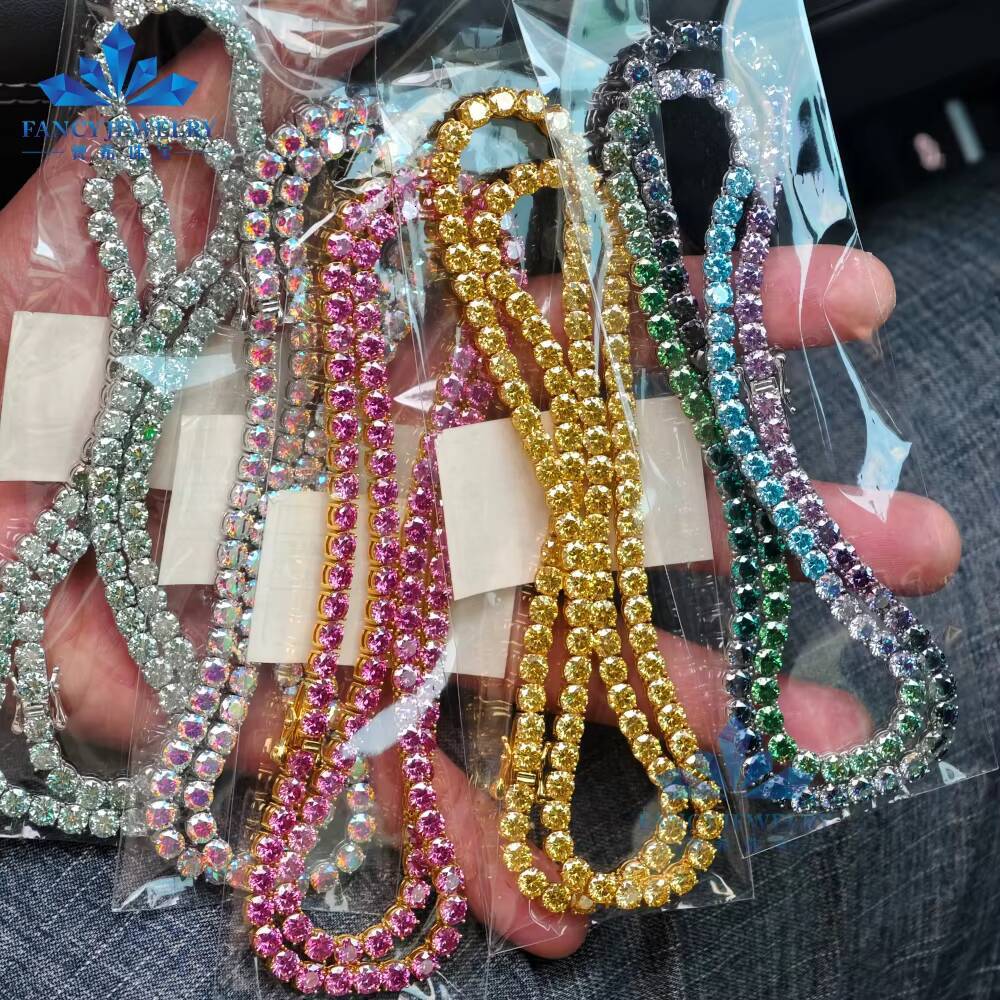 3mm Moissanite Tennis Link Chain Bracelet Necklace Black Pink Yellow Blue Colors Synthetic Diamond Moissanite Chain Jewelry