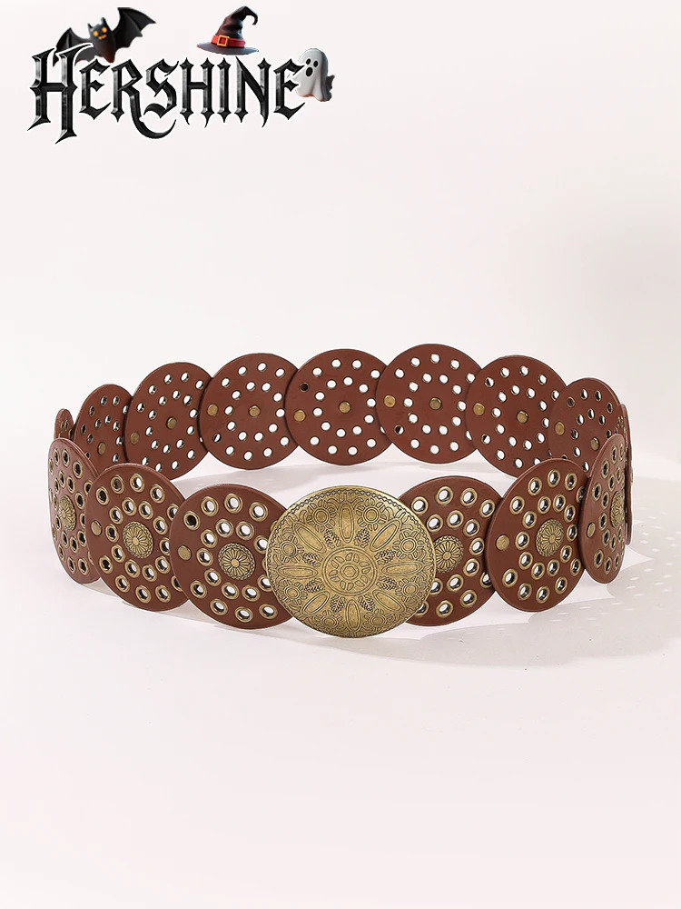 1 piece of womens brown round pancake metal eyeliner belt Western style Western style Simian style Y2K Gothic style 251013