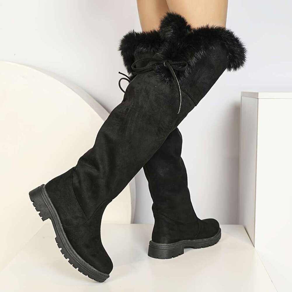 Women's Thick Platform Heels, Slip-On Knee-High With Non-Slip Rubber Sole, Warm Fabric Lining Black Boots For Weather, Formal & Everyday Outfits 